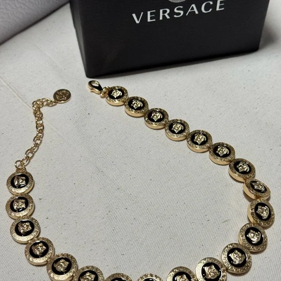 Versace Gold Medusa Charm Chain Necklace with Black Logo Backdrop - Picture 5 of 5